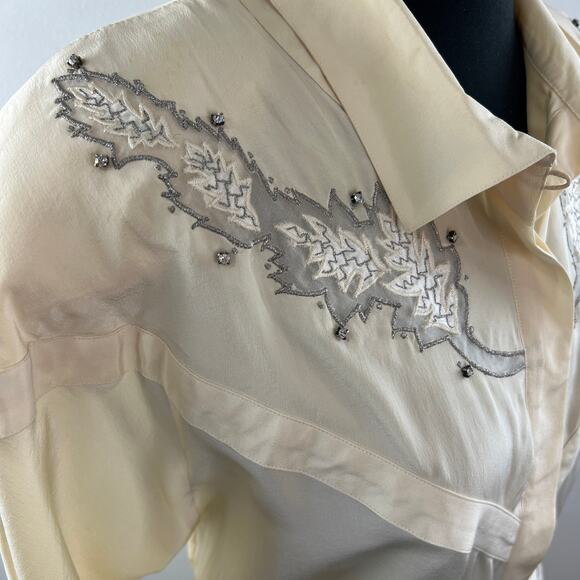 VINTAGE Cedars Beige Top Skirt Silk Floral Embroidered Button-Up Set Size 8 VTG - Picture 3 of 16